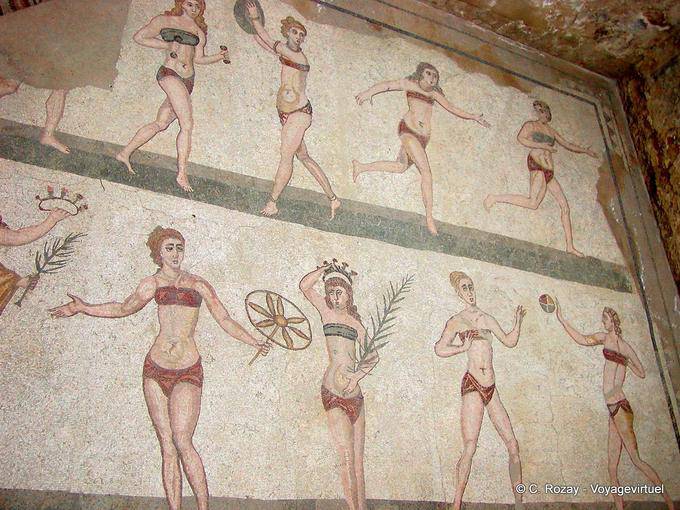 Another view of the mosaic that represents sports bikini, Villa Casale - Italy