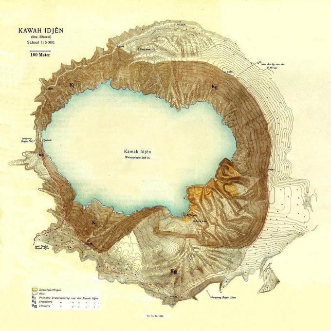 Carte du Kawah Ijen, datant de 1921, , Java Indonesia - By Geoethno at de.wikipedia (Original text : Topografische Untergrond (c) Topografische Dienst Kadaster, Emmen.) [Attribution], from Wikimedia Commons