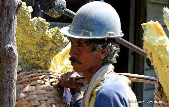 Portrait of a sulfur-bearing weighing center, Kawah Ijen, Java - Indonesia
