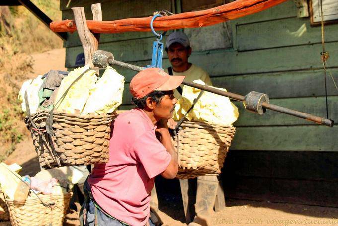 The weighing of sulfur to the middle station, Kawah Ijen - Indonesia