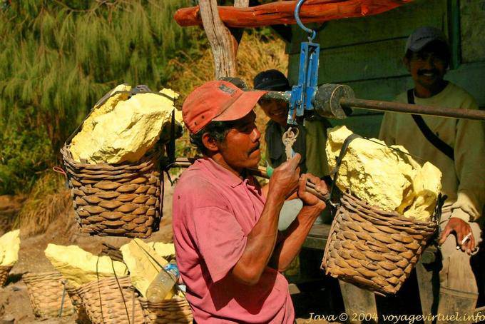 The weighing of sulfur baskets between 50 and 70 pounds, Kawa Ijen, Java - Indonesia