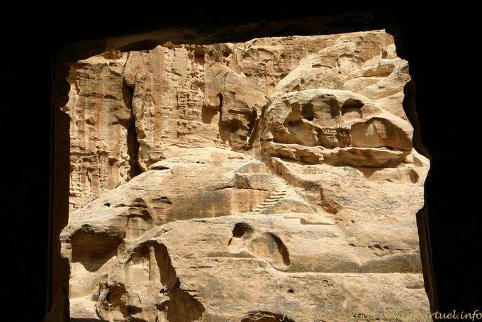 Stairs carved into the cliff leading to a high place, Al Beidha, Little Petra - Jordan