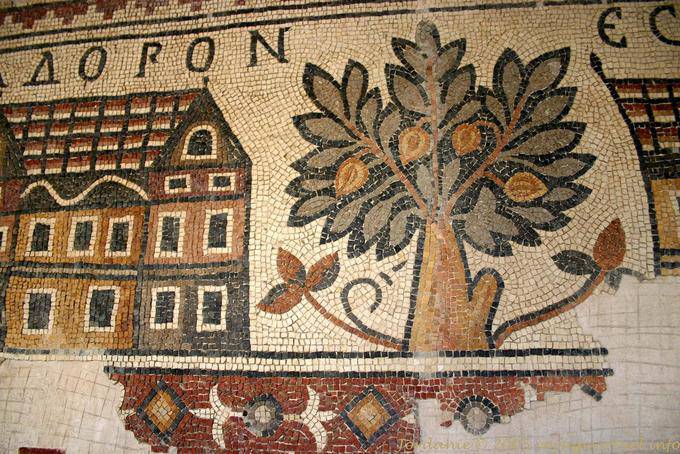 Madaba, tree and house, mosaic fragment - Jordan
