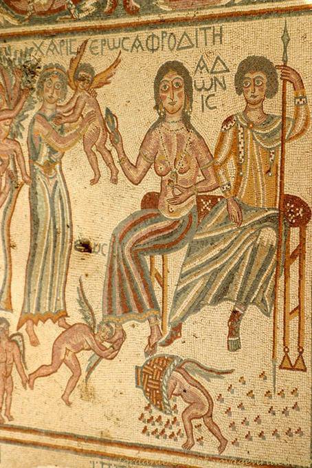 Cherubs and couple sitting, mosaic Archaeological Park, Madaba - Jordan