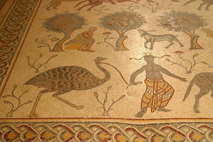 Left of the mosaic-diakonikon baptistery of the basilica, a memorial of Moses, Mount Nebo - Jordan