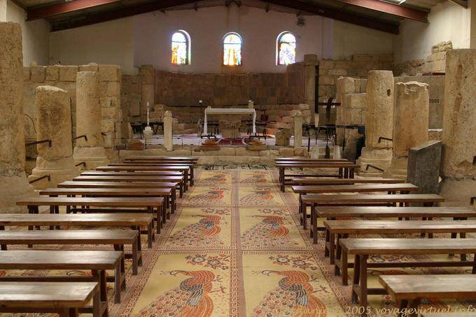 Nave and polychrome mosaic of the cella trichora primitive sanctuary (IV-V century) Mount Nebo - Jordan