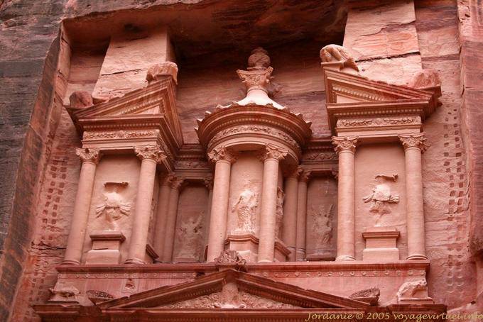 Petra, upper part carved in the rock of Al-Khazneh (the Treasury) - Jordan