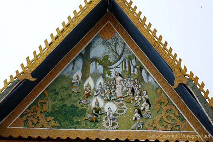 Painted pediment of the temple Wat Khon Tai, Khone Island, Lao