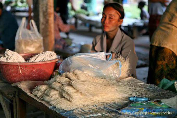 Pasta and rice noodles covered market, Khong Island, Lao
