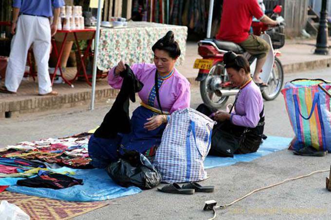Traditional costume of street vendors, Luang Prabang, Lao