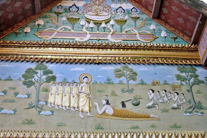Buddha's life painted on a chapel, Wat Sene Soukharam, Lao