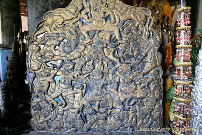 Candelabra with scenes from the Ramayana, Wat Visoun, Lao