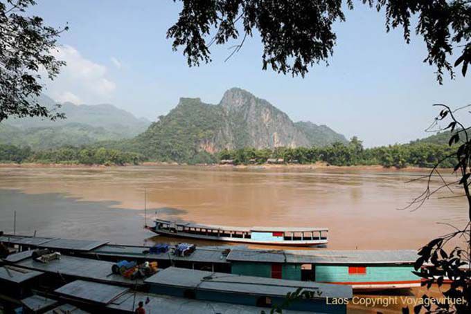 Panoramic view of the river and mountains from Pak Ou, Lao