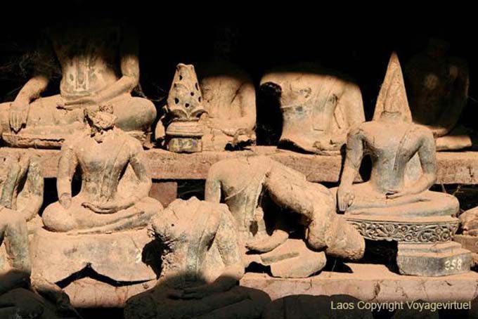 Old Buddhist statues remains, Wat Si Saket, Vientiane, Lao