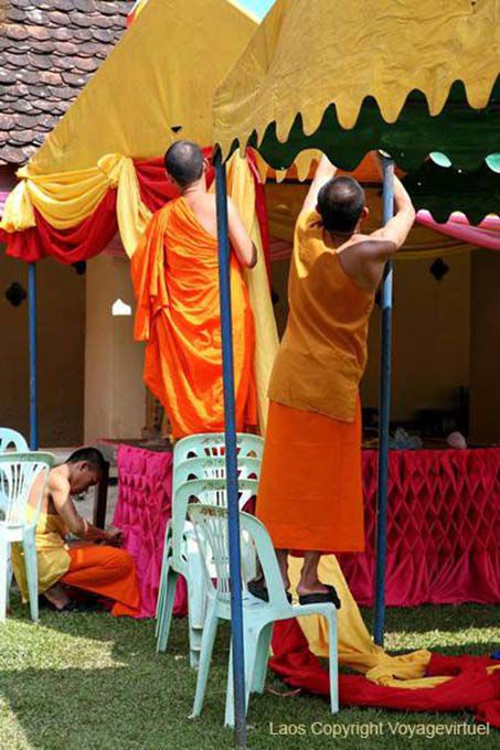 Monks at work, Wat That Luang, Vientiane, Lao