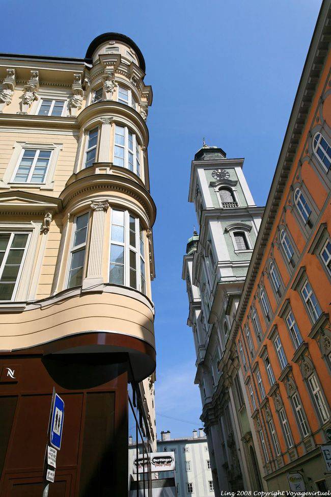 Domgasse, bell tower seen from below, Linz - Austria