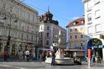 Landstrasse, Taubenmarkt, Sparkassen, square and fountain, Linz, Austria.