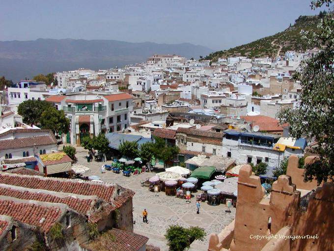 Panorama on a square and the city from the tower of the Kasbah, Chefchaouen - Morocco