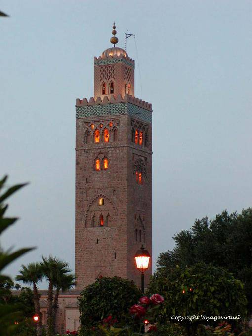 Lighting of the minaret of the Mosque of the booksellers, Koutoubia, Marrakech - Morocco