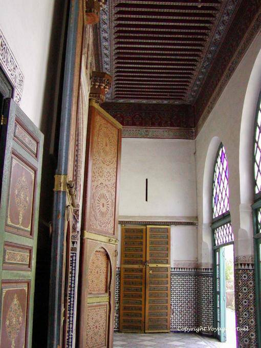 Ceiling and doors of a gallery of Private Pavilion, Bahia Palace, Marrakech - Morocco