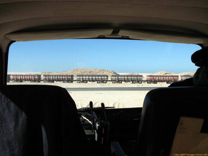 The train seen from the cab of the truck, Nouadhibou, Mauritania