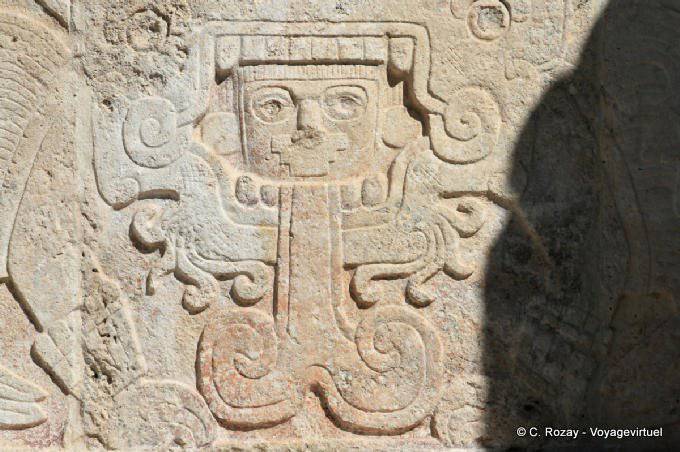 Man emerging from the mouth of a feathered serpent, relief, platform Venus, Chichen Itza - Mexico