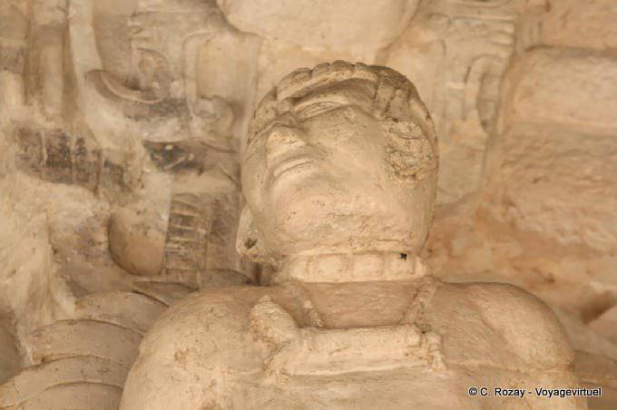Close-up of a statue of the stucco frieze from the Acropolis, Altar Jaguar, Ek Balam - Mexico