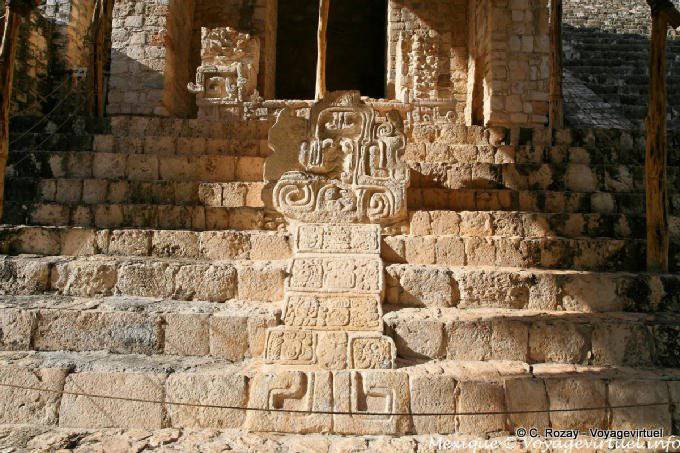 Stele in snakehead, bass left El Torre entrance, Ek Balam - Mexico