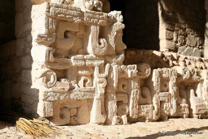 Focus on the details of the lower frieze, right door of the Tower, Ek Balam - Mexico