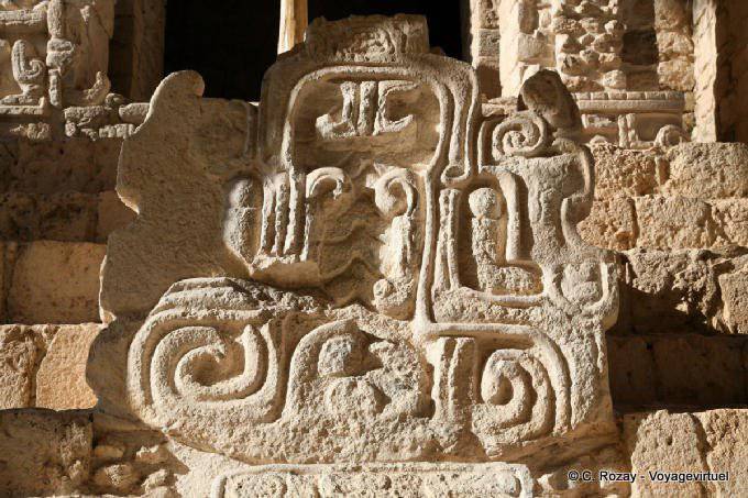 Sculpture in front of the left door, Acropolis, Ek Balam - Mexico
