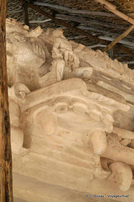 Top of the head of the Serpent Monster, stucco Altar black Jaguar, Ek Balam - Mexico