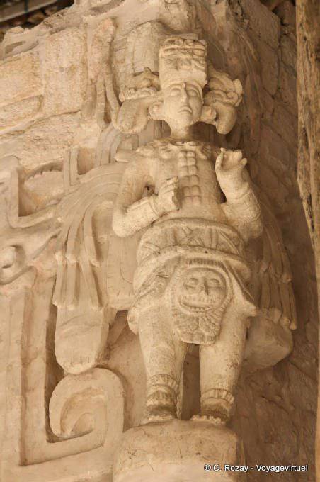 In a corner of the altar of the black Jaguar, warrior wearing a feather plume, Ek Balam - Mexico
