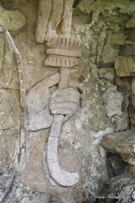 Focus on the hand of the storm god of Teotihuacan, Northern Group, Palenque - Mexico