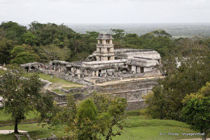The palace and the tower of the observatory, Panorama, Palenque - Mexico