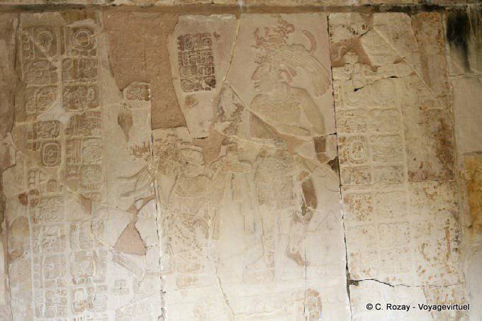 Bas-relief of the offering surrounded by Mayan hieroglyphics, Templo XIV, Palenque - Mexico