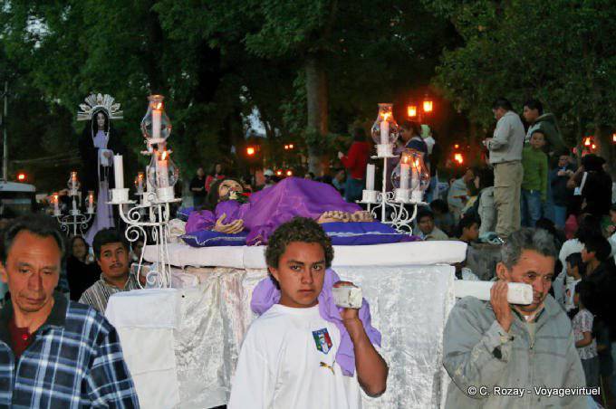 Jesus Christ died worn in a canopy, Easter procession, San Cristobal de Las Casas - Mexico