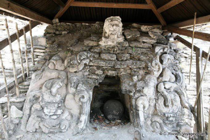 The altar of the Monster of the Earth, devouring a solar sphere stone Tonina - Mexico