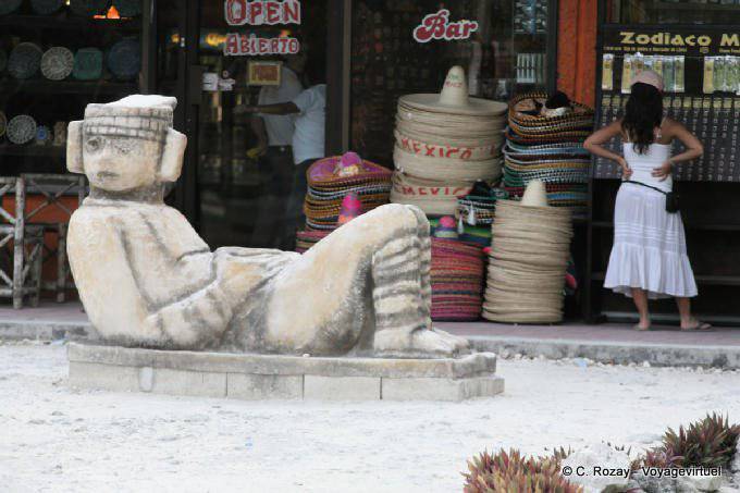 Chac Mool reproduction before the souvenir shop, site, Tulum - Mexico