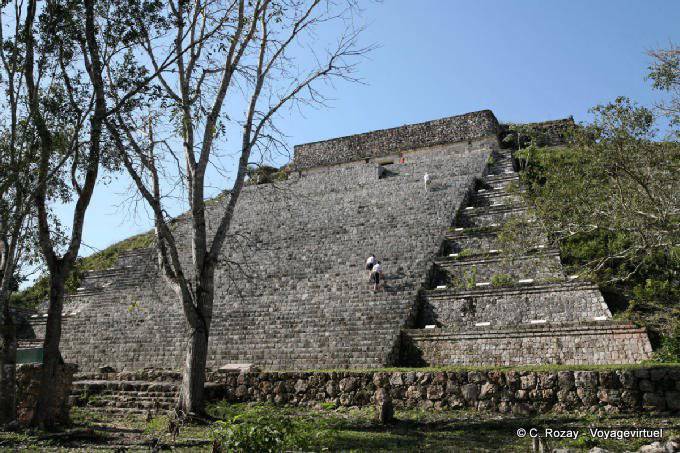 Uphill climb the grand staircase, Great Pyramid, Uxmal - Mexico
