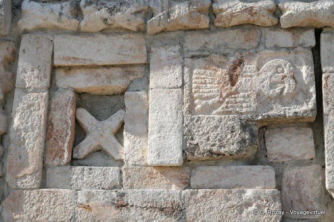 Focus on the sculpture of a parrot, Great Pyramid, Uxmal - Mexico