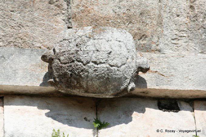 Double-headed turtle on the front of the House of the Turtles, Uxmal - Mexico