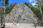 Ascension of the pyramid Nohoch Mul Coba, Mexico.