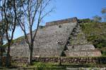 Uphill climb the grand staircase, Great Pyramid, Uxmal, Mexico.