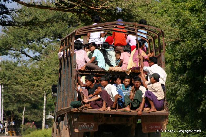 An overloaded truck, transit, Bagan - Myanmar (Burma)