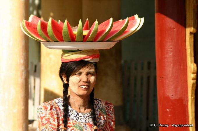 Watermelon on his head, Nyaung U, Bagan - Myanmar (Burma)