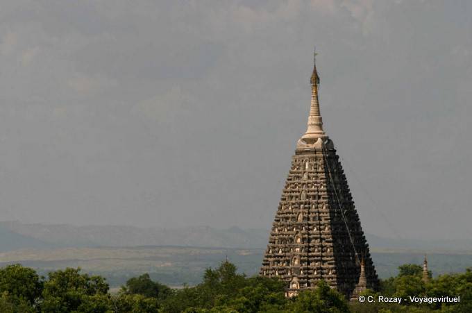 The top of the Mahabodhi stupa pagoda copy of the Maha Bodhi in Bodhgaya, Bagan - Myanmar (Burma)