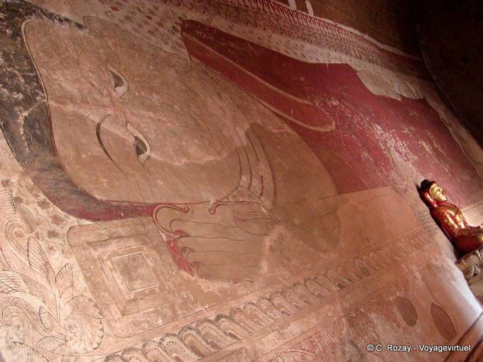 Large mural of Buddha lying on a wall in the temple of Sulamani, Bagan - Myanmar (Burma)