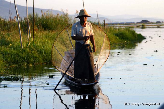 Intha fisherman near a floating garden, Inle Lake - Myanmar (Burma)