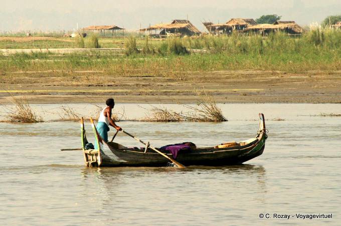 Passing boat rowing, Ayerwayadi river, Mandalay - Myanmar (Burma)