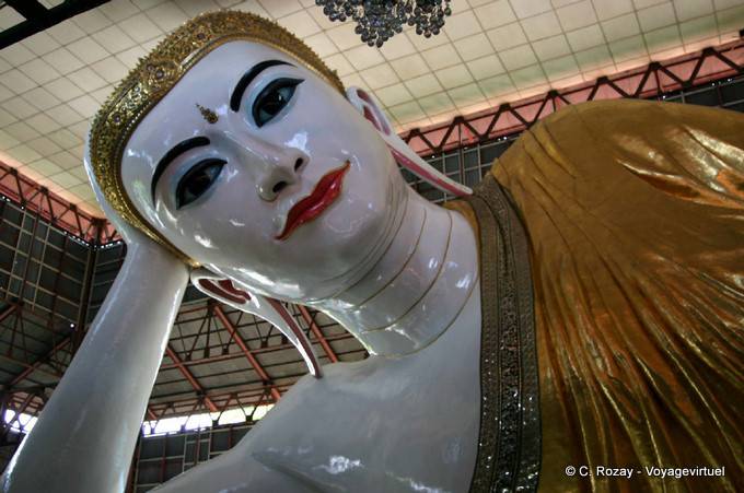 Reclining Buddha front view, Kyaukhtatgyi pagoda, Yangon - Myanmar (Burma)